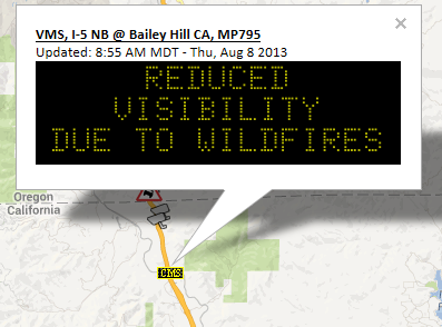 One of several CMS messages alerting drivers to reduced visibility due to wildfires. One of several CMS messages alerting drivers to reduced visibility due to wildfires.