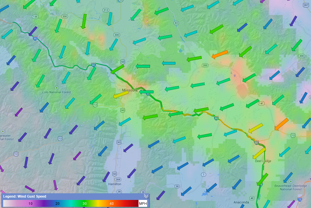 OSS showing forecasted wind gusts near Missoula, MT