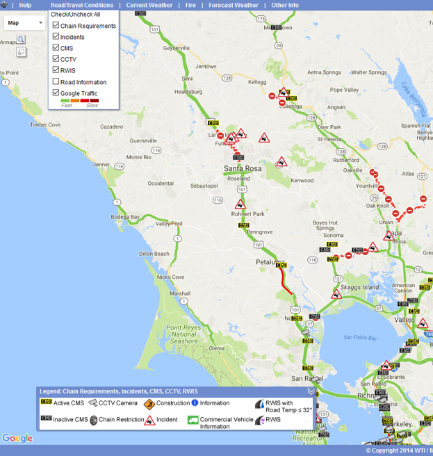 Incidents, CMS Messages, and Closures related to fires north of San Francisco on Monday, October 9, 2017. Incidents, CMS Messages, and Closures related to fires north of San Francisco on Monday, October 9, 2017.