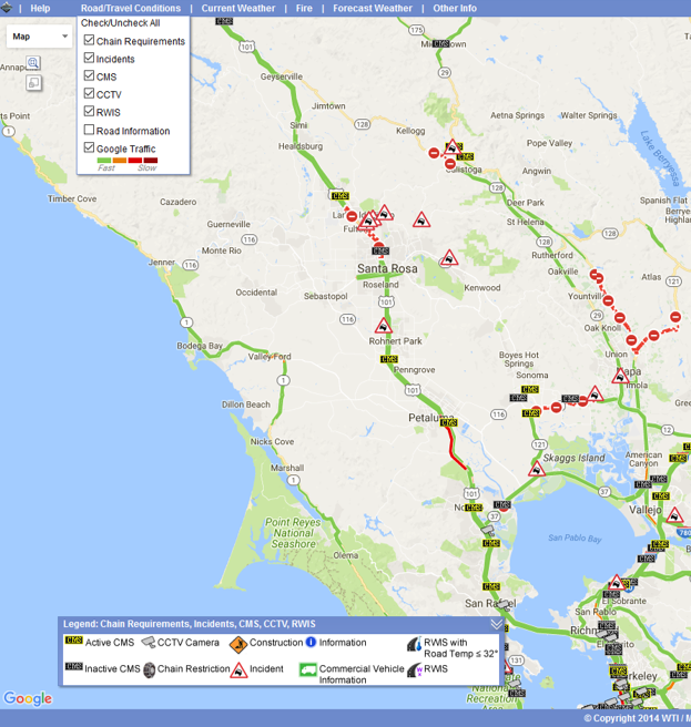 Incidents, CMS Messages, and Closures related to fires north of San Francisco on Monday, October 9, 2017.