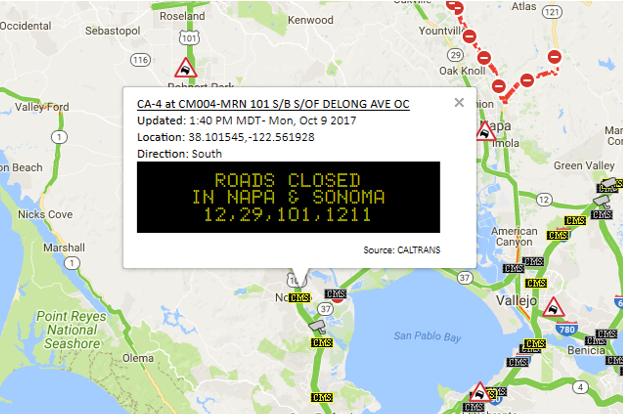Road Closures indicated on a CMS north of San Francisco along US 101 on Monday, October 9, 2017. Road Closures indicated on a CMS north of San Francisco along US 101 on Monday, October 9, 2017.