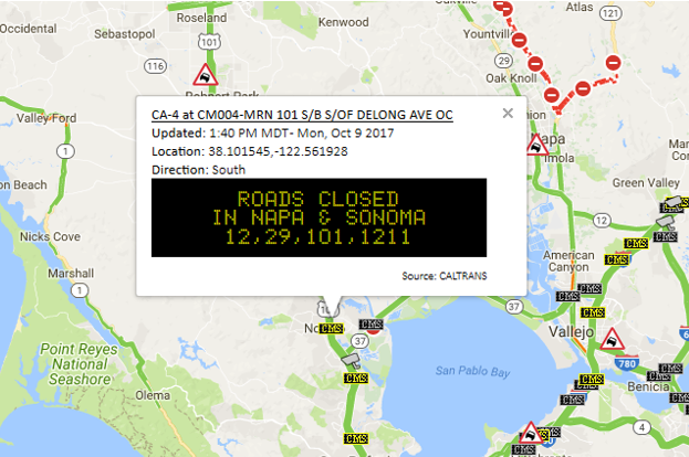 Road Closures indicated on a CMS north of San Francisco along US 101 on Monday, October 9, 2017.