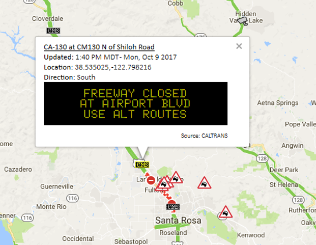 Closure of US 101 shown on a CMS north of Santa Rosa on Monday, October 9, 2017. Closure of US 101 shown on a CMS north of Santa Rosa on Monday, October 9, 2017.