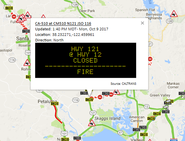 Closure of California State Route 121 shown on a CMS on Monday, October 9, 2017. Closure of California State Route 121 shown on a CMS on Monday, October 9, 2017.