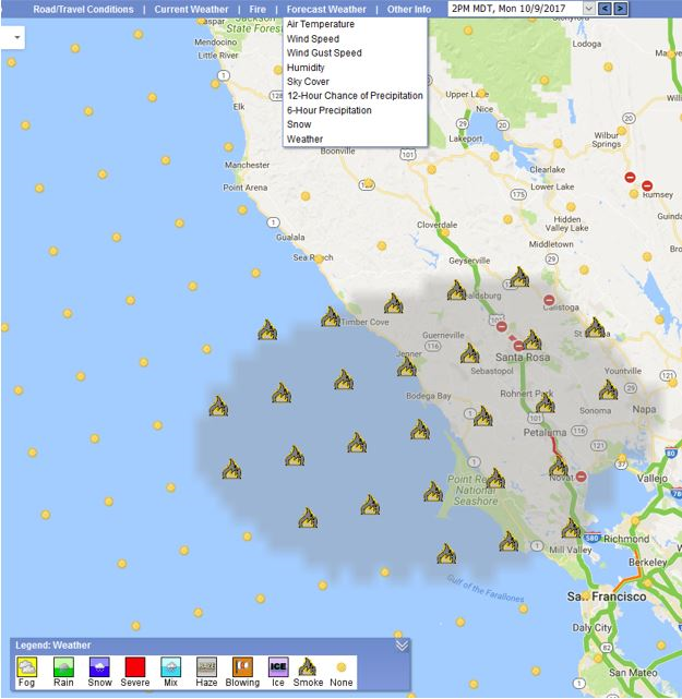Smoke was forecast to cover a large area north of San Francisco on the afternoon of Monday, October 9, 2017. Smoke was forecast to cover a large area north of San Francisco on the afternoon of Monday, October 9, 2017.
