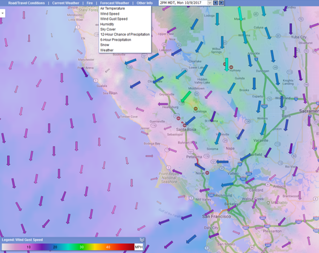 Wind Gusts were forecast approaching 30 mph near Santa Rosa on Monday afternoon, October 9, 2017. Wind Gusts were forecast approaching 30 mph near Santa Rosa on Monday afternoon, October 9, 2017.