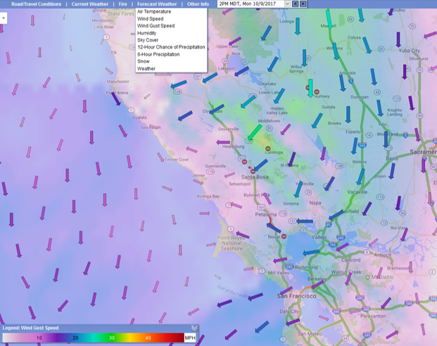 Wind Gusts were forecast approaching 30 mph near Santa Rosa on Monday afternoon, October 9, 2017.