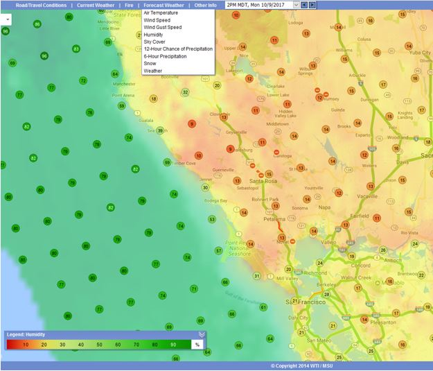 Forecast for Low Humidity on the afternoon of Monday, October 9, 2017. Forecast for Low Humidity on the afternoon of Monday, October 9, 2017.