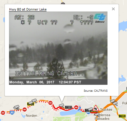 Caltrans CCTV at Donner Lake along Interstate 80 on March 6th, 2017. Caltrans CCTV at Donner Lake along Interstate 80 on March 6th, 2017.