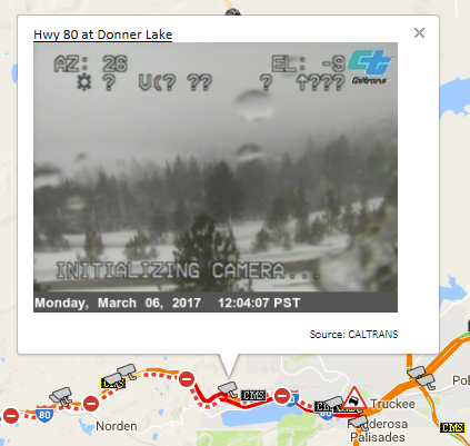 Caltrans CCTV at Donner Lake along Interstate 80 on March 6th, 2017.