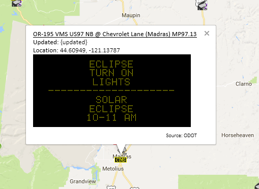ODOT CMS message along US-197 near Madras, Oregon.