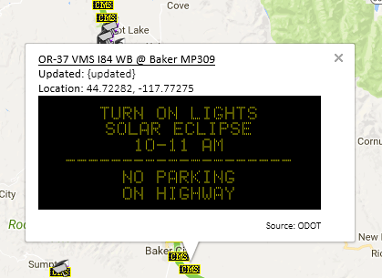 ODOT CMS message along Interstate 84 near Baker, Oregon. ODOT CMS message along Interstate 84 near Baker, Oregon.