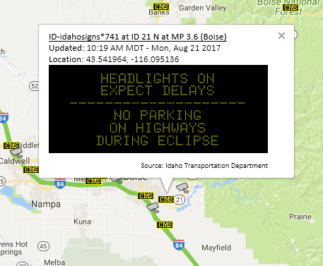 ITD CMS message along Idaho 21 near Boise. ITD CMS message along Idaho 21 near Boise.