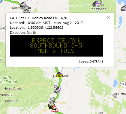 Caltrans CMS message along Interstate 5 near the Oregon Border.