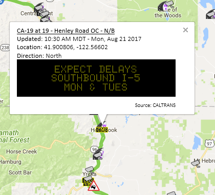 Caltrans CMS message along Interstate 5 near the Oregon Border. Caltrans CMS message along Interstate 5 near the Oregon Border.