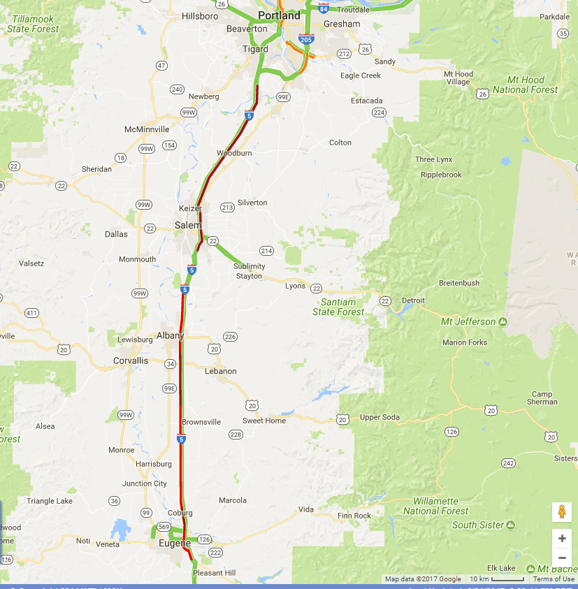 Google Traffic layer after the Eclipse between Portland and Eugene, Oregon.