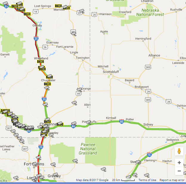 Google Traffic layer after the Eclipse between Casper, Wyoming, and Denver, Colorado. Google Traffic layer after the Eclipse between Casper, Wyoming, and Denver, Colorado.