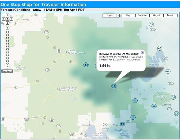 OSS Screenshot (4/7/2011): Forecasted snow shown along SR-89. The expanded report is for a node on an intersection with County Road 44.