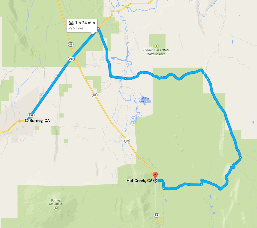 Google Directions from Burney to Hat Creek, still avoiding SR 89