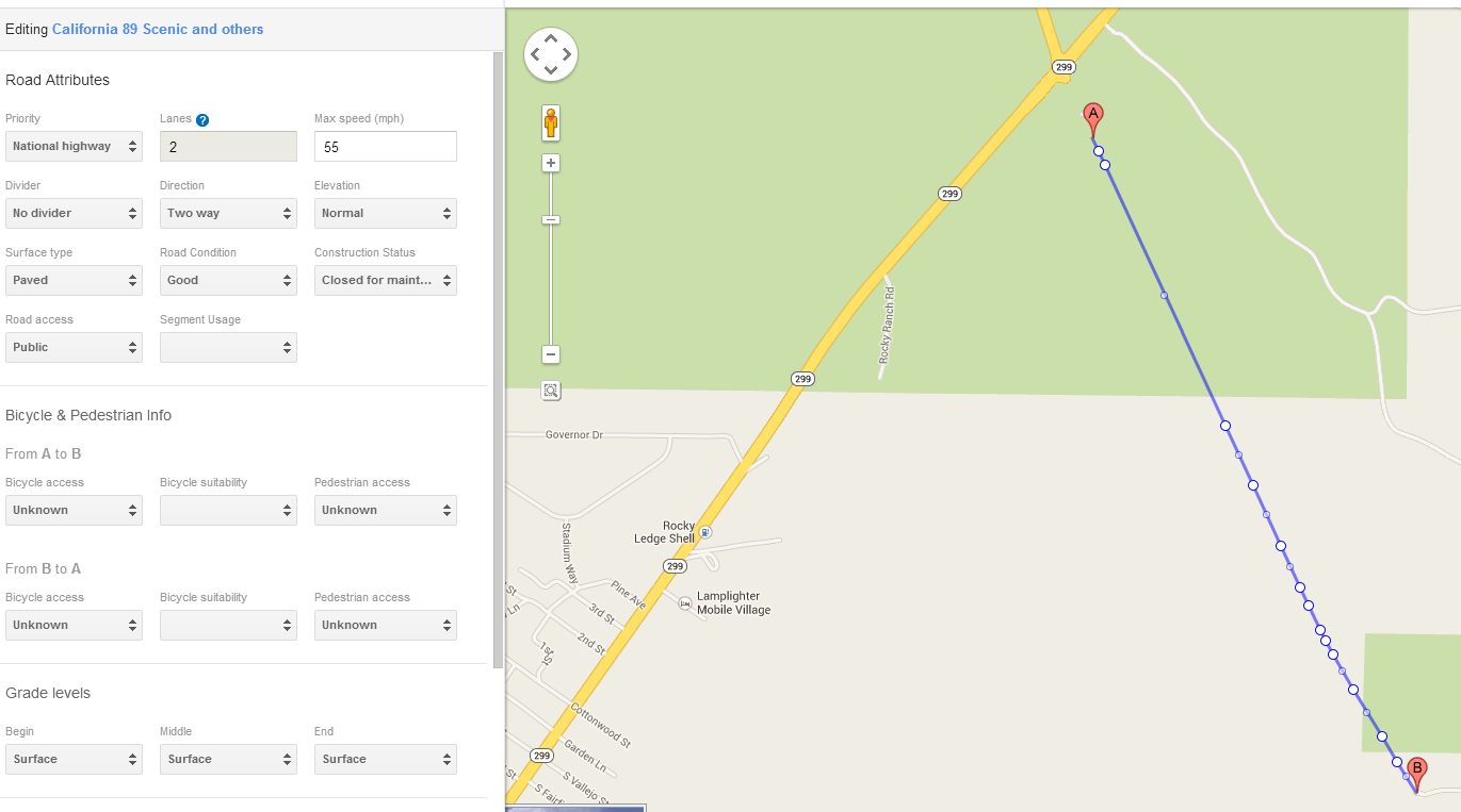 Google Map Maker Showing Attributes for a Segment of SR 89 south of SR 299