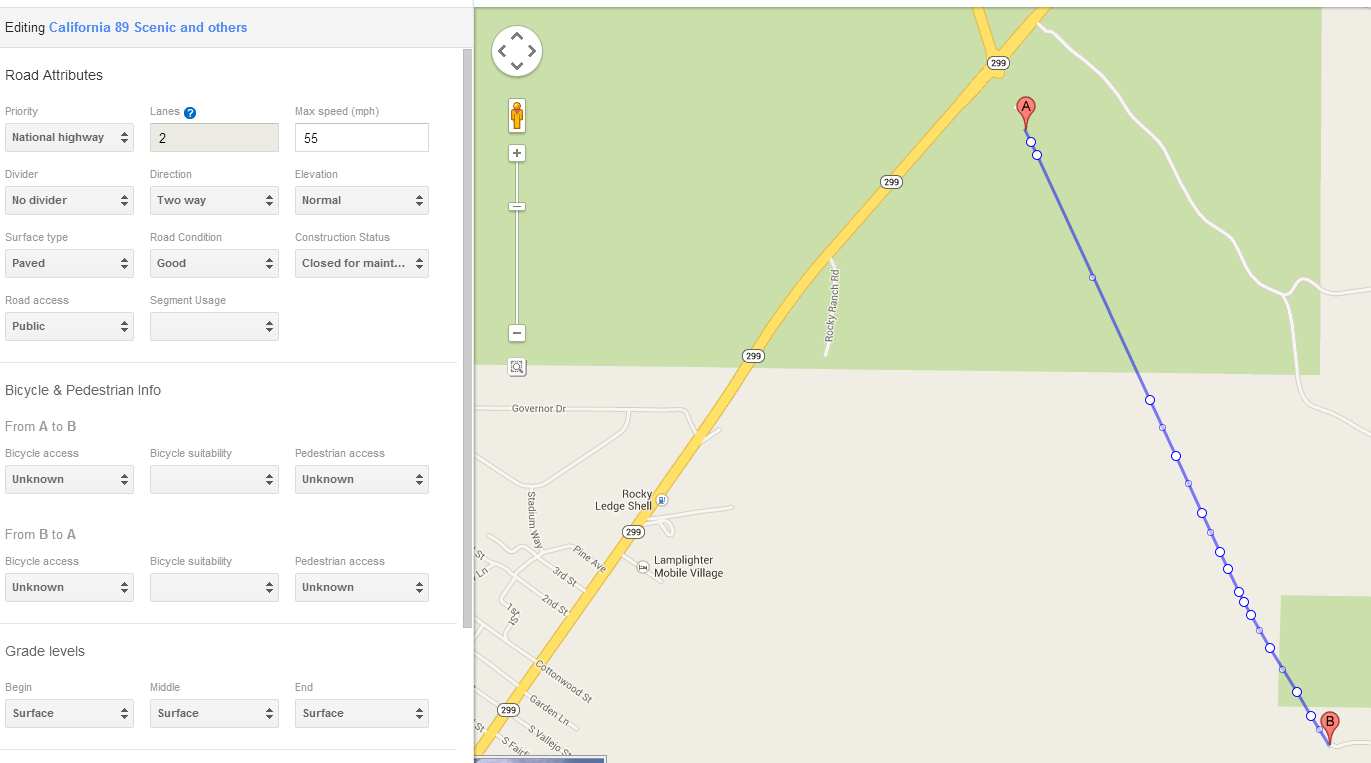 Google Map Maker Showing Attributes for a Segment of SR 89 south of SR 299 Google Map Maker Showing Attributes for a Segment of SR 89 south of SR 299