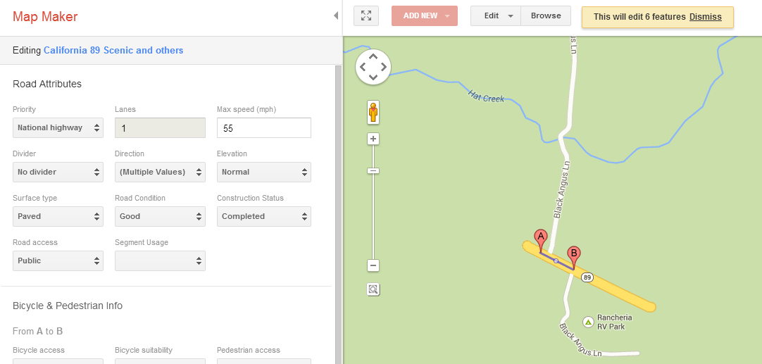 Google Map Maker Attributes for Isolated Segment of SR 89
