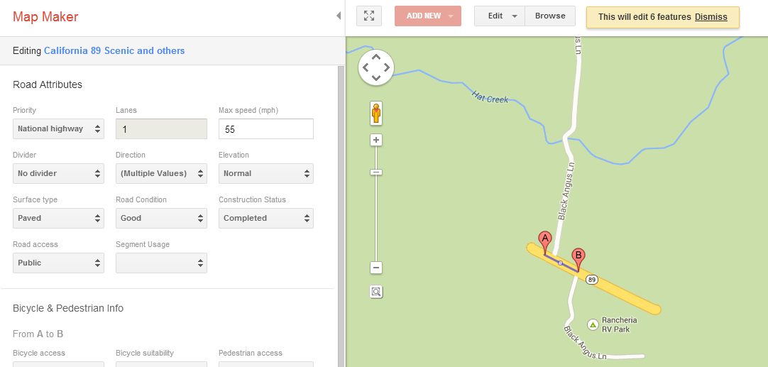 Google Map Maker Attributes for Isolated Segment of SR 89 Google Map Maker Attributes for Isolated Segment of SR 89