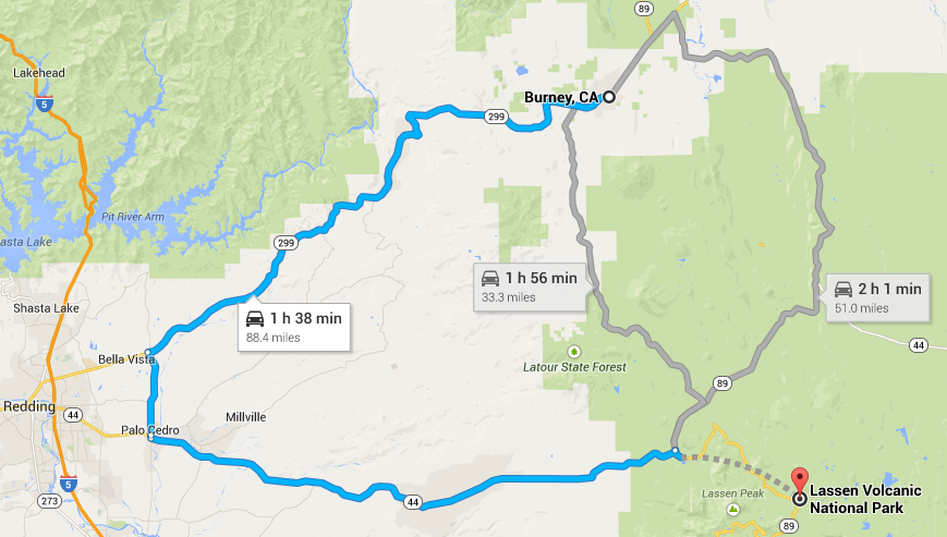 Routes from Burney, CA to Lassen Park Shown by Google Maps on 8/11/2014 Routes from Burney, CA to Lassen Park Shown by Google Maps on 8/11/2014