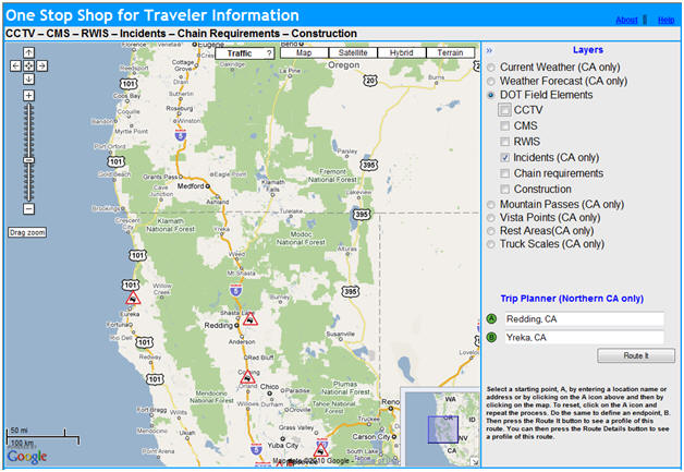 OSS Screenshot (5/13/2010): Incident reports can be obtained through the DOT Field Elements layer. Multiple incidents can be seen across Northern California.