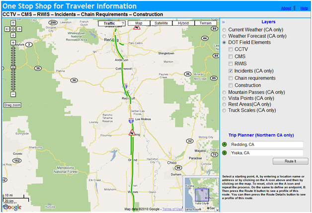 OSS Screenshot (5/13/2010): Here the Google Traffic layer shows relative traffic speeds for the area.