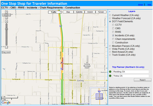 OSS Screenshot (5/13/2010): Zooming in on the incident near Corning, CA shows that traffic speeds are reduced near the scene of the accident.