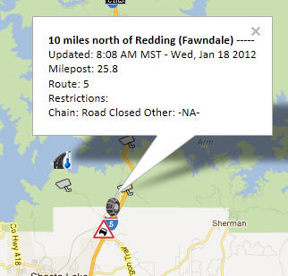 OSS Screenshot (1/18/2012): Chain Control Message for closure along I-5.