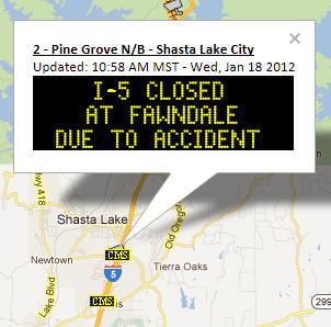 OSS Screenshot (1/18/2012): CMS message stating "I-5 closed at Fawndale due to accident."