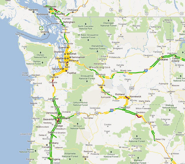OSS Screenshot (1/18/2012): Google Traffic Layer for the Washington and northern Oregon regions.