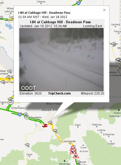 OSS Screenshot (1/18/2012): A CCTV camera image for I-84 at Cabbage Hill - Deadman Pass shows winter weather conditions.