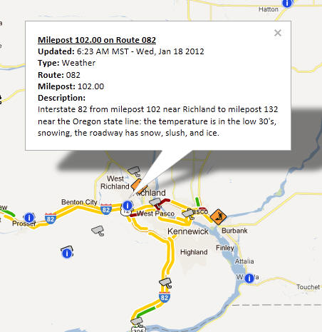 OSS Screenshot (1/18/2012): An Information Marker detailing roadway information for the Tri-Cities Area.