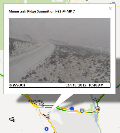 OSS Screenshot (1/18/2012): A CCTV camera image for Manastash Ridge Summit on I-82 @ MP 7 near Ellensburg.