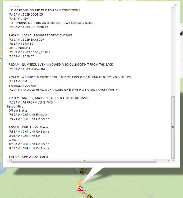 OSS Screenshot (1/18/2012): A CHP incident report for a traffic accident along I-5 north of Redding.