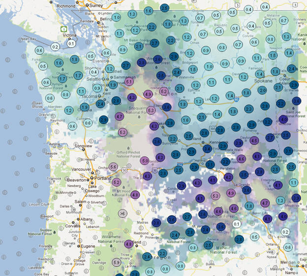 OSS Screenshot (1/18/2012): Zooming in shows the Snow Forecast over the Washington and northern Oregon regions.