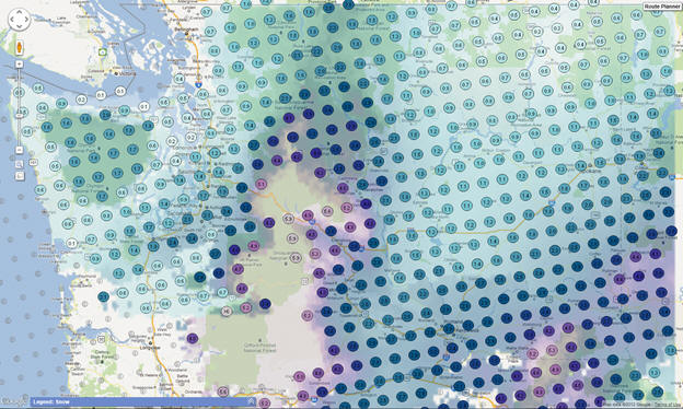 OSS Screenshot (1/18/2012): Zooming further shows the Snow Forecast over Washington.