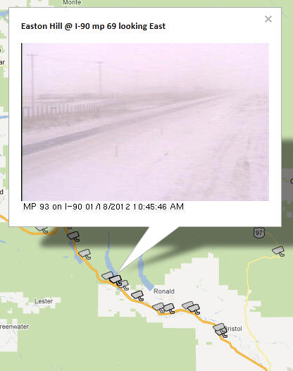 OSS Screenshot (1/18/2012): A CCTV camera image for Easton Hill on I-90 in Washington at mile post 69 looking East.