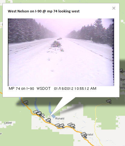 OSS Screenshot (1/18/2012): A CCTV camera for West Nelson on I-90 in Washington also presents winter road conditions.
