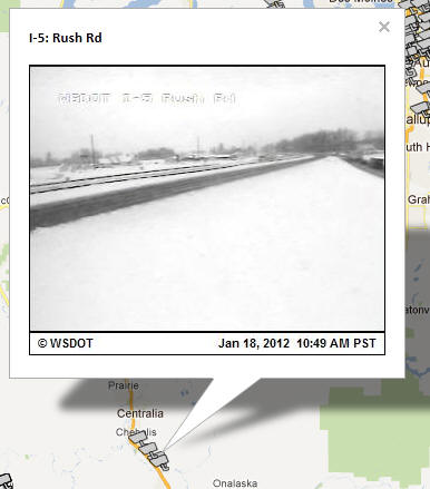 OSS Screenshot (1/18/2012): A CCTV camera image for I-5 at Rush Road south of Chehalis.