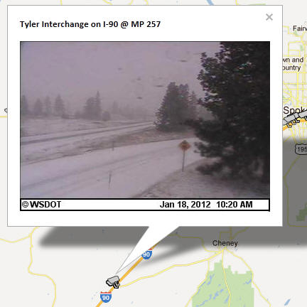 OSS Screenshot (1/18/2012): A CCTV camera image for I-90 at the Tyler Interchange West of Spokane.