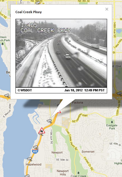 OSS Screenshot (1/18/2012): A CCTV camera image for Coal Creek Pkwy on I-405 in Seattle.
