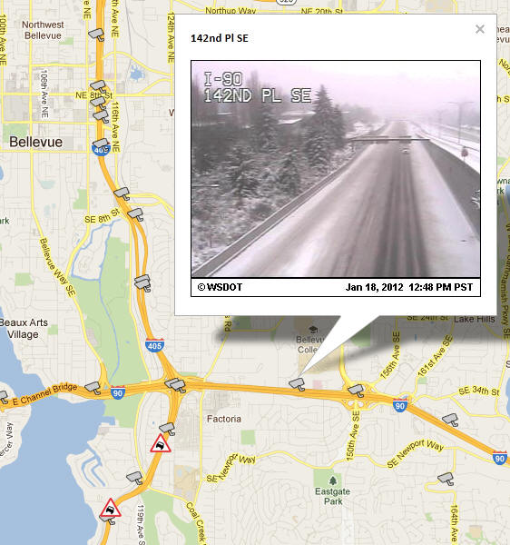 OSS Screenshot (1/18/2012): A CCTV camera image for I-90 at 142nd Place SE near Seattle.