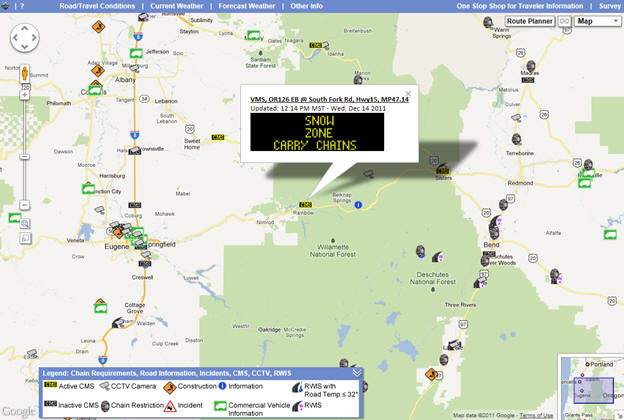OSS Screenshot (12/14/2011): Snow Zone / Carry Chains message on a CMS in Oregon.