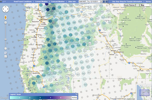 OSS Screenshot (12/14/2011): Snow Forecast in northern California and Oregon.