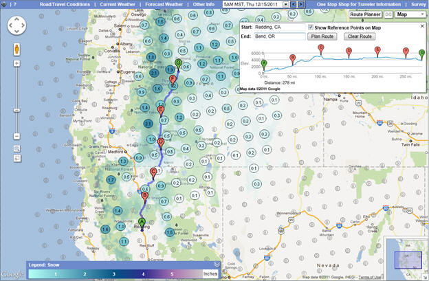OSS Screenshot (12/14/2011): Route Planner showing a route from Redding, CA, to Bend, OR, in conjunction with the Snow Forecast.