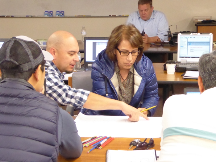 Sam Campos (left) and Shima Afshari (center) from Caltrans District 6 work together with their colleagues from Caltrans District 10 on one of the lab exercises. Sam Campos (left) and Shima Afshari (center) from Caltrans District 6 work together with their colleagues from Caltrans District 10 on one of the lab exercises.